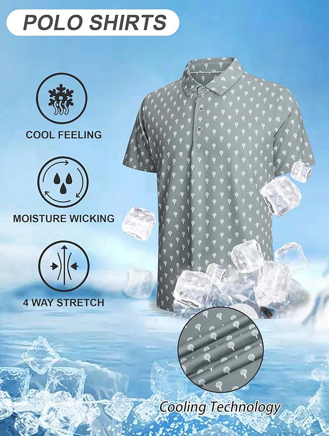 Esabel.C Golf Shirts for Men Dry Fit Performance Short Sleeve Print Moisture Wicking Collared Shirt