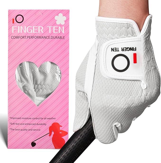 FINGER TEN Womens Golf Glove Right Handed Golfer Left Hand 1 Pack Golf Gloves Rain Grip Hot Wet All Weather Mesh for Women Girls Ladies Small Medium Large
