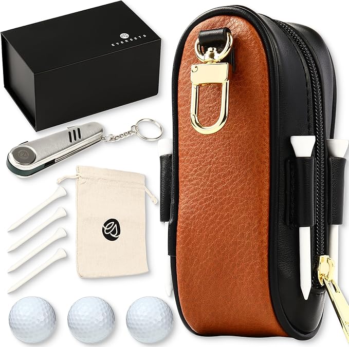 Christmas Golf Gift for Men and Women - Luxury Golf Accessories Set, Vegan Leather Case, 12 Golf Balls, Tees, Divot Tool Knife & Bag with Hook - Perfect Stocking Stuffer