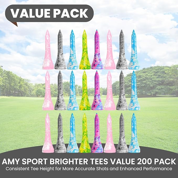 Amy Sport Golf Tees Styllish Bamboo Wooden Coloured Painted Bulk 200 Pack 1 1/2 3 1/4 2 3/4 Inch Tee, Enhanced Visibility Color Purple Pink Green Blue, Practice for Men Women