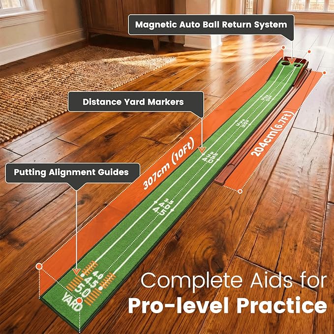 Putting Green Indoor with Three-Level Adjustable Incline, Auto Ball Return - Easy to Fold Solid Wood Base, Golf Training Aid for Home, Office, Backyard - Golf Putting Mat for Men