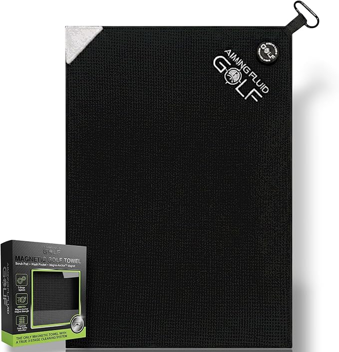 Magnetic 3-Stage Cleaning System Golf Towel - Microfiber Rag with Magnet for Golfcart Bags for Men and Women Golfers Accessories (Black, 16" x 24" Stubby)