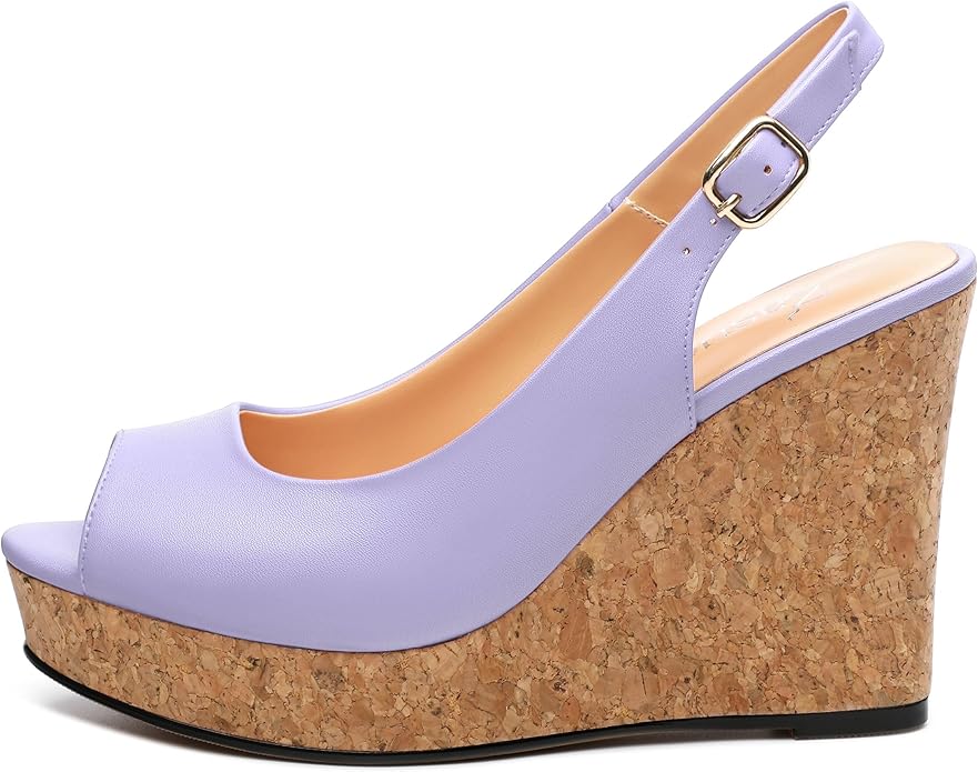 Womens Peep Toe Wedge Heels Matte Fashion Cork Slingback Pumps Platform Wedge Sandals 3.94 Inches