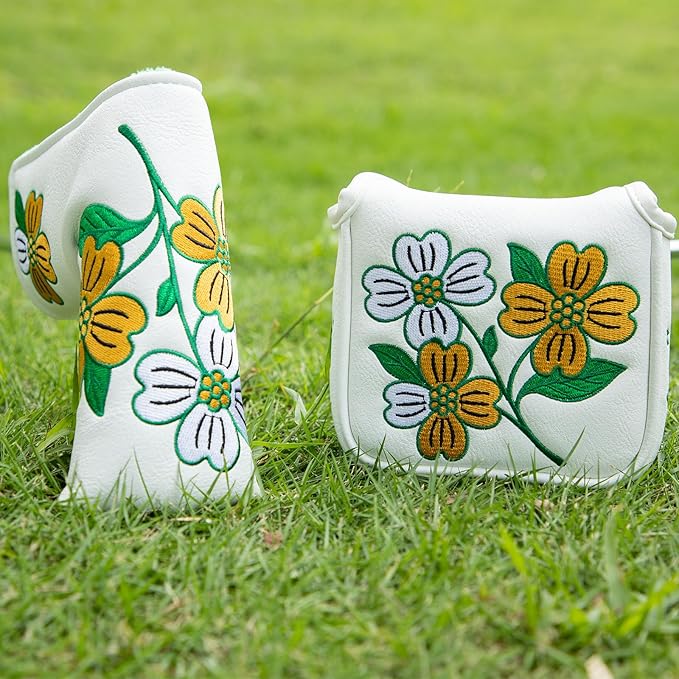 Golf Blade Putter Cover, Flower Elegant Embroidery Premium Leather Golf Blade Putter Headcover Putter Head Covers Fits Most Blade Putter