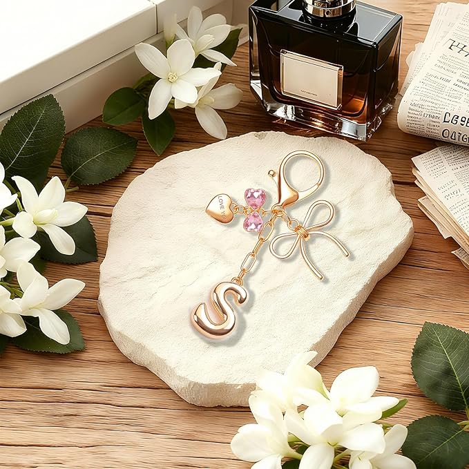 Gold Bubble Initial Keychain with Bow Decoration Bag Charms for Women, Cute Purse Handbag Accessories Gift