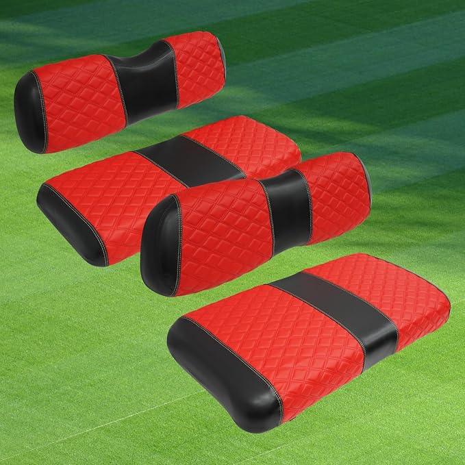 Golf Cart Front and Rear Seat Covers Waterproof and Sun Resistant Marine Grade Vinyl Leather Seat Cover Accessories for Club Car DS 2000.5-up,Red(4PCS)