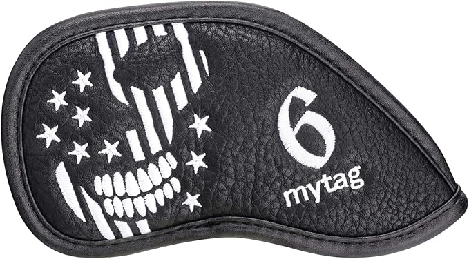 mytag Skull Skeleton Golf Head Covers Black Synthetic Leather Golf Headcovers Set Fits Driver Fairway Wood Hybrid/Utility Putter Iron Wedge Headcover