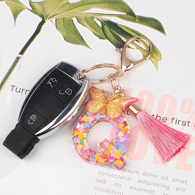 Suweibuke Colourful Cute Initial Letter Keychains for Women Girls with Tassel Butterfly, Charm for Purse Handbags Backpacks