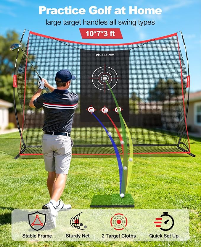 Golf Net, 10×7ft Heavy Duty Golf Hitting Nets with Mat Targets Tees Balls Carry Bag, Golf Practice Equipment Net for Indoor/Outdoor Backyard Driving Chipping Swing Training, Gifts for Men Golfer