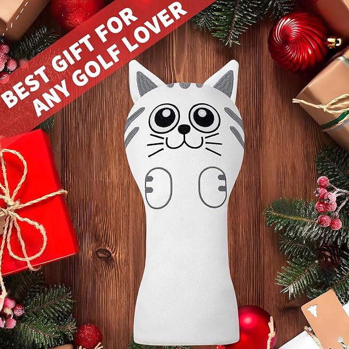 Golf Kitty Head Cover Golf Club White Leather Headcovers 1pc/4pcs Set Fits Driver Fairway Wood Hybrid Utility Putter Iron Wedge Headcover.