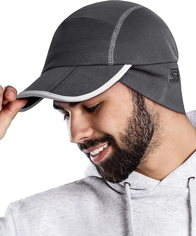 GADIEMKENSD Fleece Ball Cap with Drop Down Ear Warmer, Foldable Brim, Reflective Winter Run Hat Unisex