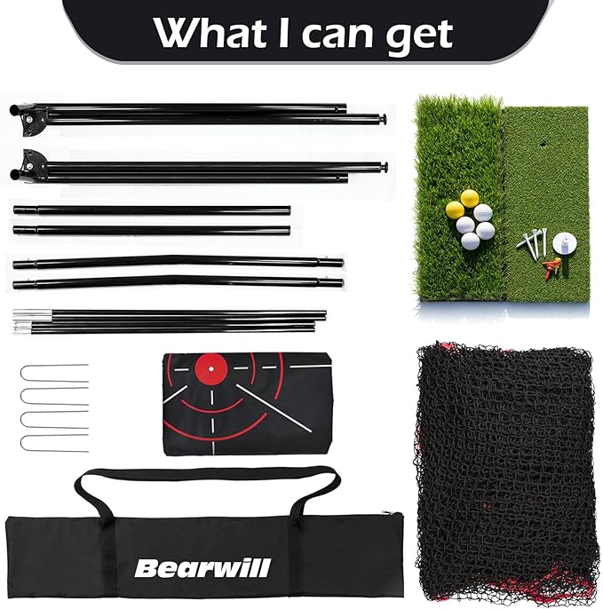 Bearwill Golf Net, 10x7ft Heavy Duty Golf Practice Nets with Mat, Target Cloth, 8 Tees, 6 Balls, Carry Bag for Backyard Driving Chipping Indoor Outdoor Training