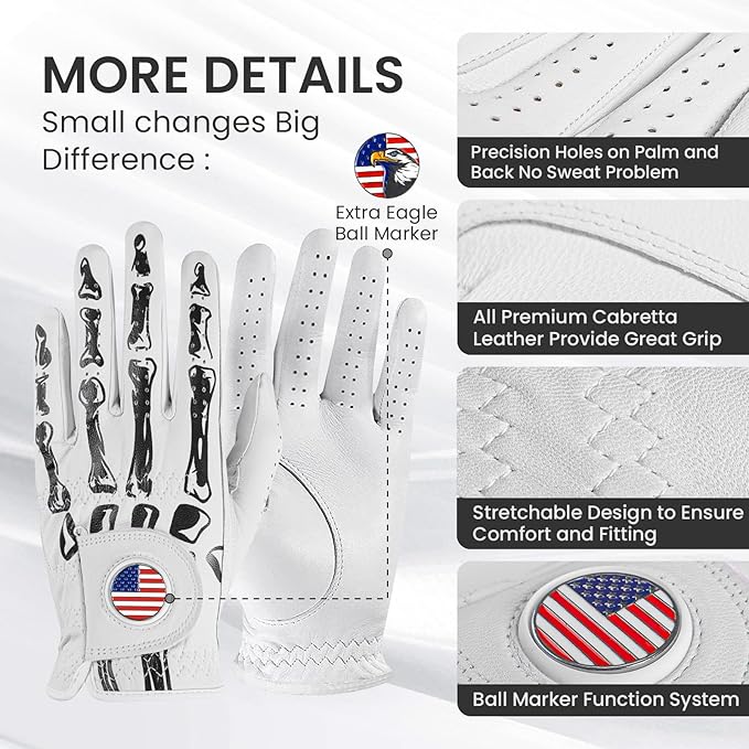 Golf Gloves Men All Premium Cabretta Leather 1 Pack with 2 Ball Marker, Mens Golf Glove Right Handed Golfer Left Hand All Weather Grip, Fit Size Small Medium ML Large XL