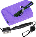 Golf Towels, Microfiber Waffle Pattern Tri-fold Golf Towel - Brush Tool Kit with Club Groove Cleaner, with Clip Men Women Golf Gifts (Purple Towel+Black Brush)