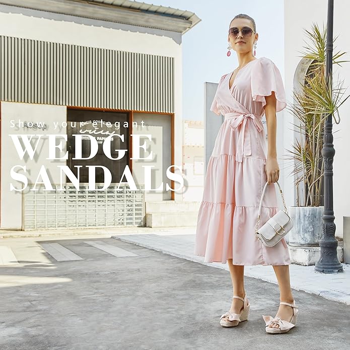girgod Espadrilles Wedge Sandals for Women Bow Platform Wedges Heels Open Toe Ankle Strap Summer Wedding Wedges