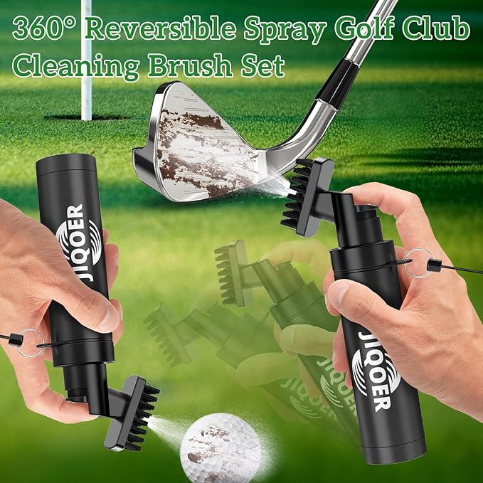 Golf Club Cleaner Brush with 360° All-Angle Spray Design (5.3oz) and Microfiber Waffle Towel (16x16in), Leakproof Club Cleaning Kit with Retractable Clip – Must-Have Golf Accessories for Men & Women