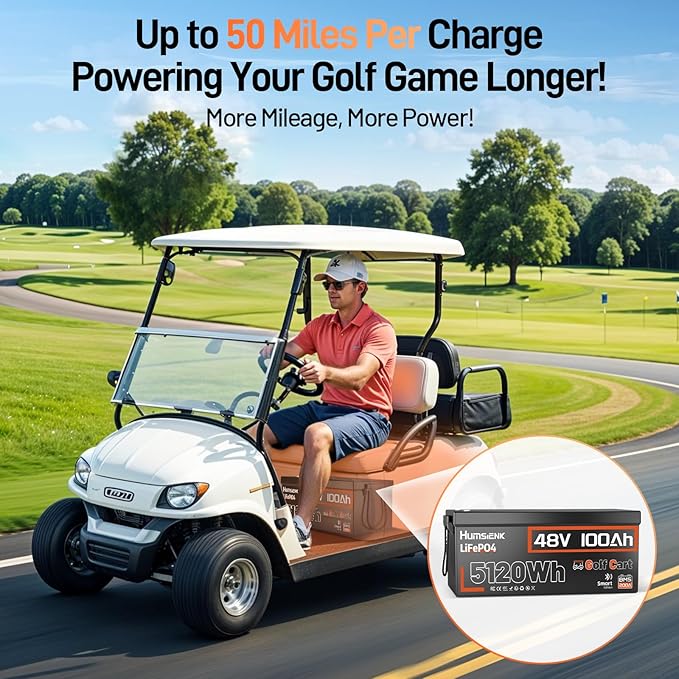 HumsiENK 48V 100Ah Golf Cart LiFePO4 Lithium Battery with Bluetooth Group 8D, 15000+ Deep Cycle Battery, Built-in 200A BMS with Low-Temp Protection Golf Cart Accessories