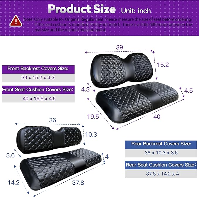 Club Car Precedent seat Cover，Fit forClub Car Precedent，Vinyl seat Cover, Diamond Texture, Easy to Install Golf cart Accessories, no Staples Required（Black&Black Stitch）