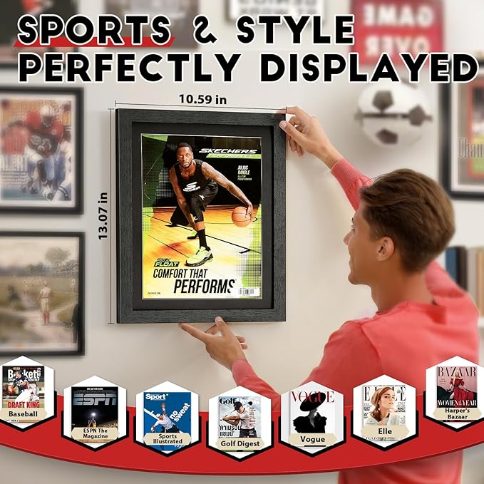 JupDec Sports Magazine Frame 4 Pack, Premium Wood Display Case for 8" x 10.5" Magazines, Wall Mount or Tabletop Stand, Layered Design with Positioning Mat, Perfect for Sports Fans & Home Decor, White
