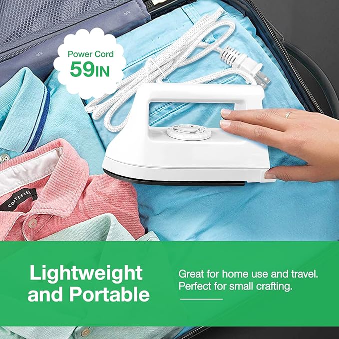 Mini Iron for Crafts and Travel - Electric Heat Press Machine for Quilting and Sewing (White) - 6.49 x 3.74 x 2.6 Inches