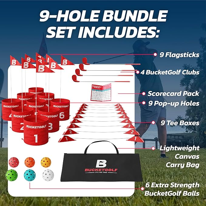 bucketgolf 9 Hole Bundle with Clubs - Outdoor Golf Game for All Ages, Adults, Kids, Family. Play Golf Anywhere, Yards, Beach, Park, Backyard. (4 Clubs (3 RH + 1 LH))