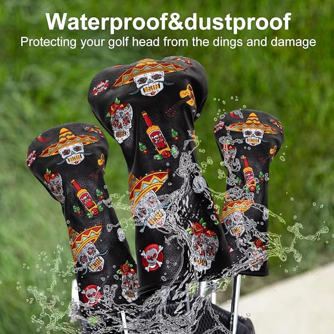 Golf Club Headcover for Drivers, Fairway Woods, Hybrids, and Mallet Blade Putter Sugar Skull Style Premium Leather Golf Headcovers Set with Interchangeable No. Tags