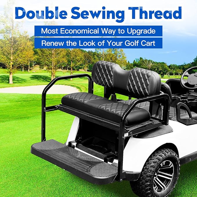 NOKINS 4PCS Golf Cart Diamond Seat Covers Kit, Front&Rear Seat Covers Fits EZGO TXT 1994-2013/EZGO RXV Standard Seat Cushion, EZGO Vinyl Seat Cover Accessories, No Staples(Black&Black Stitch)