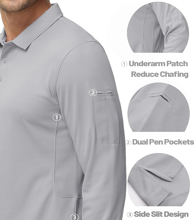 MAGCOMSEN Men's Polo Shirts 3 Button Quick Dry Performance Long Sleeve Tactical Shirts Pique Jersey Golf Shirt