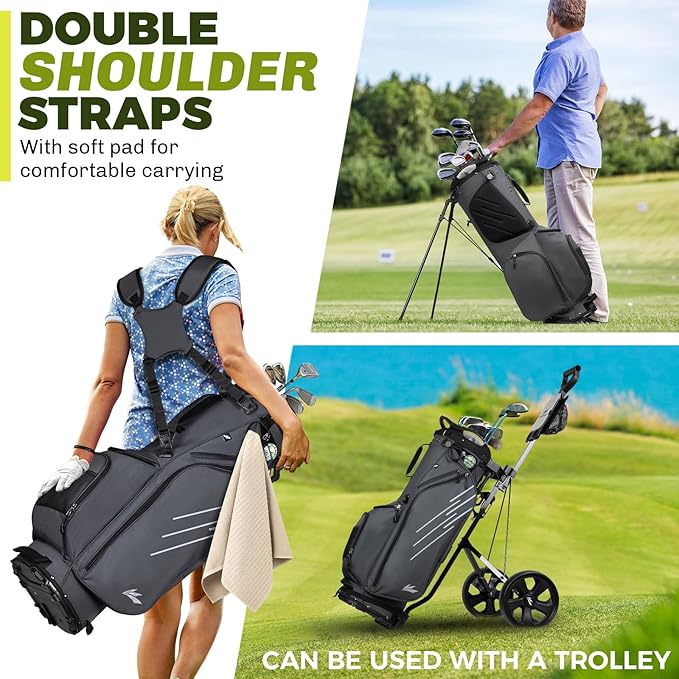 8-Way Golf Stand Bag, Lightweight Golf Bag with Dual Strap & Full-Length Dividers, Portable Golf Club Carry Bag with Multiple Pockets, Waterproof Rain Hood for Men Women