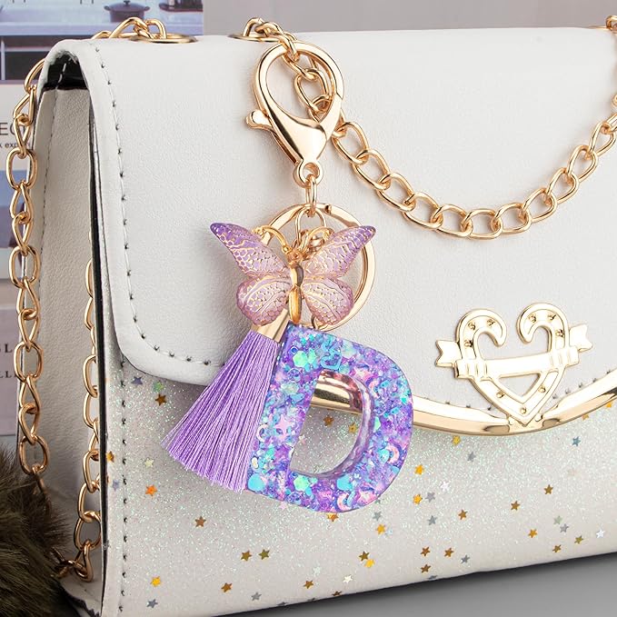 Suweibuke Colourful Cute Initial Letter Keychains for Women Girls with Tassel Butterfly, Charm for Purse Handbags Backpacks
