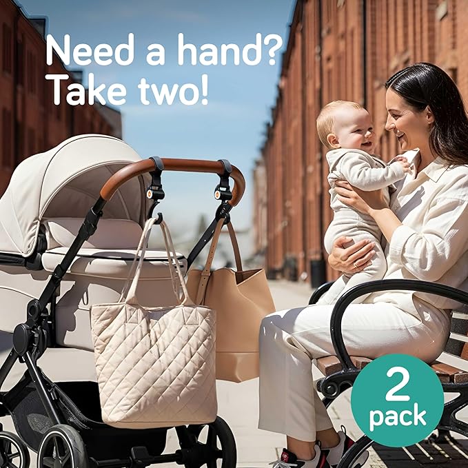 Baby Uma Stroller Hooks (2 Pack) - Open Stroller Hook with 360°-Swivel Neck & Extra Strong Strap, Easy On 'n Off & Universal, 11 lb Weight Capacity, Baby Travel Essential
