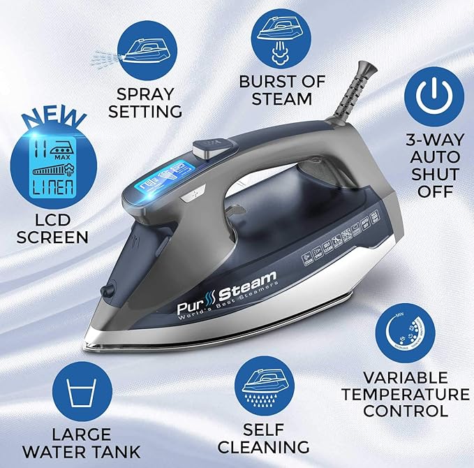 Pursteam Steam Iron for Clothes 1800W with LCD Screen, Nonstick Ceramic Soleplate, Auto Shutoff, Anti-Drip, Self-Cleaning