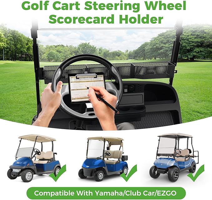 10L0L Golf Cart Steering Wheel Scorecard Holder with Pencil Holder Fit Yamaha,Club Car, EZGO - Upgrade Anti Drop Clip