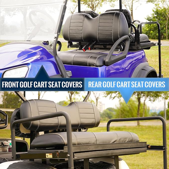 Golf Cart Seat Covers fits Club Car Precedent/DS/EZGO RXV/TXT/Yamaha Front Rear Seat Cushion，Black Leather Custom Stripe Soft Comfortable/Anti-Scratch/Easy to Clean