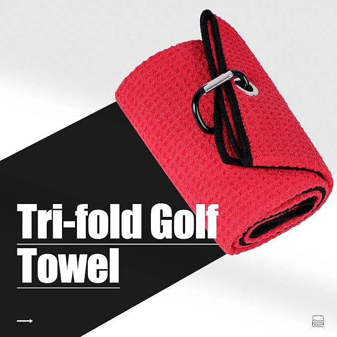 Mile High Life Tri-fold Golf Towel | 16" X 24" | Premium Microfiber Fabric | Waffle Pattern | with Heavy Duty Carabiner Clip | for Men and Women (Red)