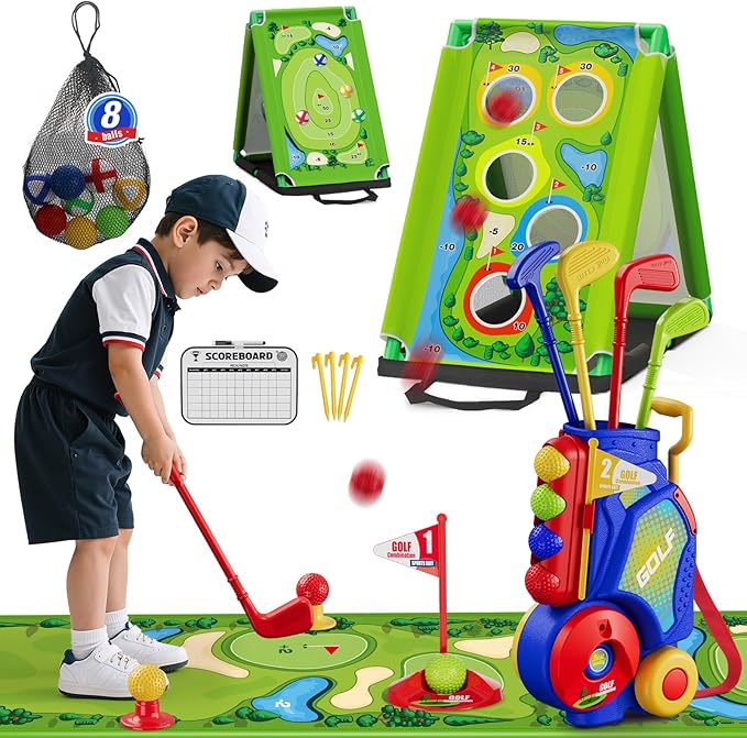 3 in 1 Toddler Golf Set with Putting Mat & Sticky/Golf Game, Kids Golf Club with 8 Balls, 4 Plastic Clubs, Scoreboard, Indoor Outdoor Sport Toys with Golf Cart Gift for Boys Girls Aged 2-5, Blue
