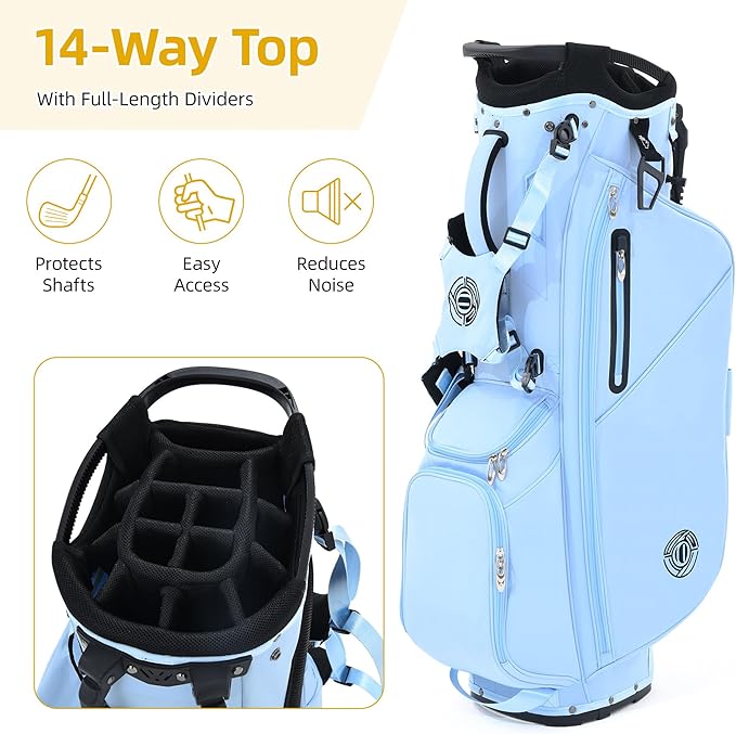 Golf Stand Bag 14 Way, Lightweight Golf Bags for Men Women with Stand, Padded Ergonomic Double Strap, Full Length Dividers, Multiple Pockets, Rain Hood