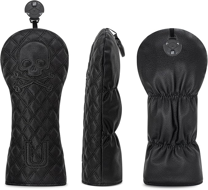 Grid Black Line Skull Golf Club Covers – Driver Headcover, Fairway Wood & Hybrid, 3 Wood Headcover, Black Skull Leather, Waterproof Easy-Clean, Universal Fit The Most Brands