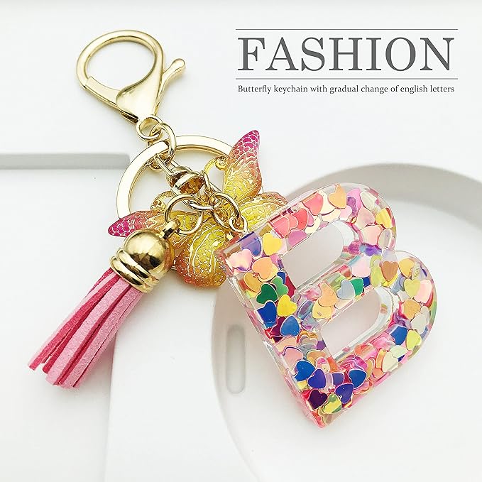 JINGUAZI Initial letter Keychains for Women Tassel Butterfly Pink Purple Cute Car Keychain for Wallet Backpack bag charm