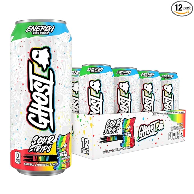GHOST Energy Drink - 12-Pack, Sour Strips Rainbow, 16oz Cans - Energy & Focus & No Artificial Colors - 200mg of Natural Caffeine, L-Carnitine & Taurine - Gluten-Free & Vegan