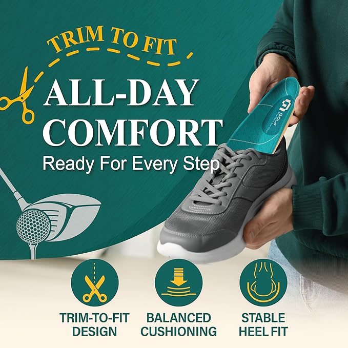 Golf Shoe Insoles for Men - GED Sports Insoles for Arch Support and Athletics - Lightweight, Elastic, Trim to Fit, Increase Stability, Balance, Precision Swings, Reduced Foot Fatigue (US 9-13.5)