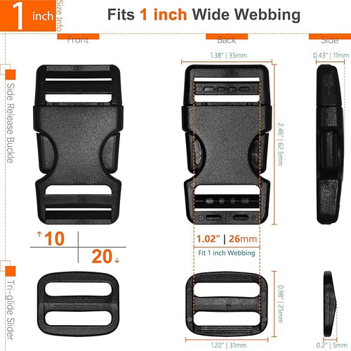 1 inch Straps and Buckles Set: 12 yard Nylon Webbing Strap 1" Wide, 10 pack Side Release Plastic Buckle, 20 pcs Tri-glide Slide Clip, Heavy Duty Quick Snap Fastener Dual Adjustable No Sewing Required