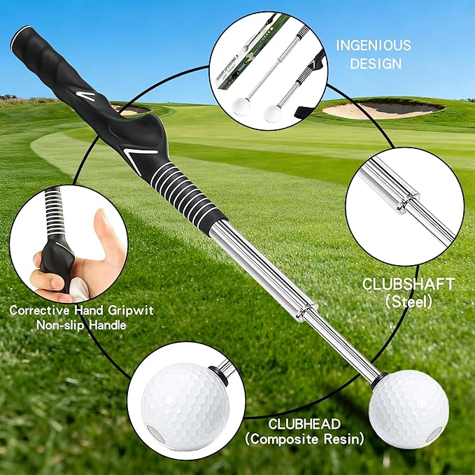 Pro-Level Right-Handed Retractable Golf Swing Trainer, for Chipping Hitting Practice & Pre-Round Warm-Up Golf Swing Training Aid and Golf Grip Trainer for Indoor & Outdoor Use