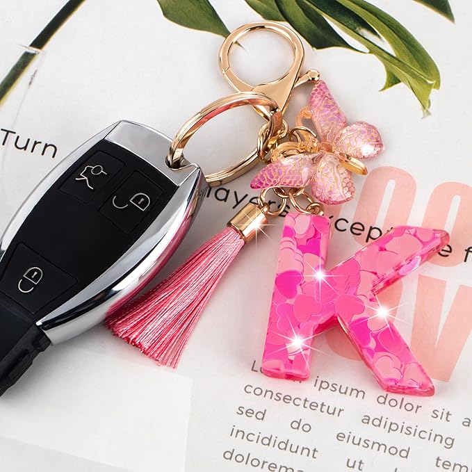 Suweibuke Colourful Cute Initial Letter Keychains for Women Girls with Tassel Butterfly, Charm for Purse Handbags Backpacks