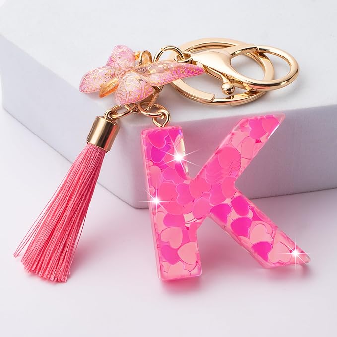 Suweibuke Colourful Cute Initial Letter Keychains for Women Girls with Tassel Butterfly, Charm for Purse Handbags Backpacks