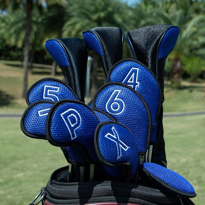 Montela Golf Iron Covers,Golf Iron Head Covers Mesh Golf Iron Covers Set 10pcs Golf Iron Headcovers,Golf Club Head Covers for Iron with Magic Tape Fit Most Brand 4-9 APSX