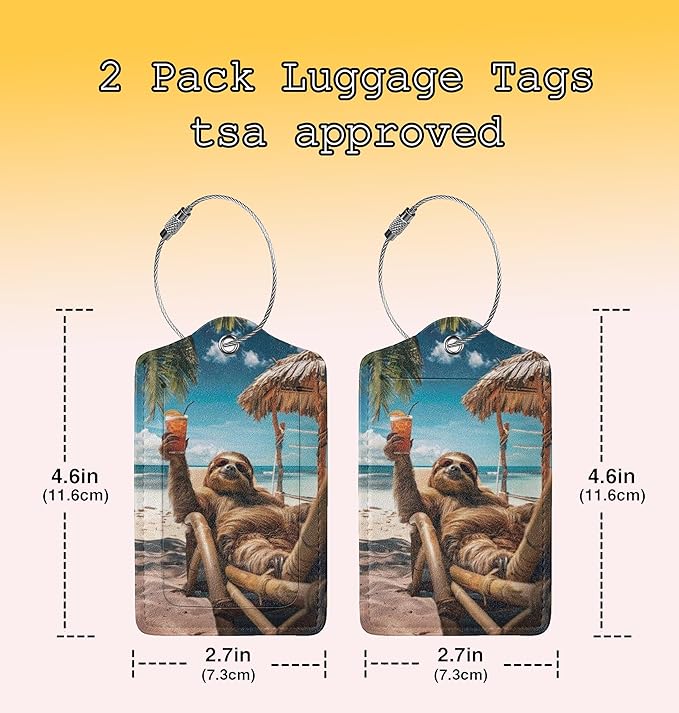 TSA Approved Luggage Tags for Suitcases Sloth Relaxing Beach 2 Pack Funny Leather Carnival Cruise Airport Cute Travel Name Tags Golf Bag tag Ships Essentials Privacy Cover ID Label for Women Men