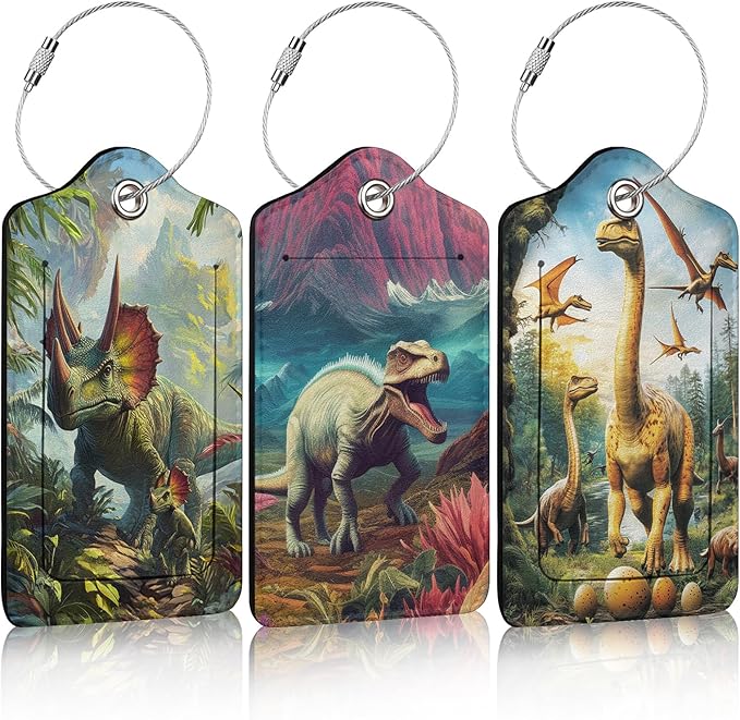 3 Pack Dinosaur Forest Luggage Tags for Suitcase Animal PU Leather Travel Luggage Tag Privacy Cover ID Label for Women Men Baggage Backpack Handbag School Bag