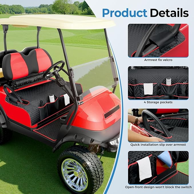 Tecoom Golf Cart Seat Covers, Universal Golf Cart Seat Towel Blanket with Armrest Strap 4 Pockets Non-Slip Bottom, Fits Club Car, EZGO, Yamaha, and More Front Seats, Protect Seats from Pet-Scratch Sun