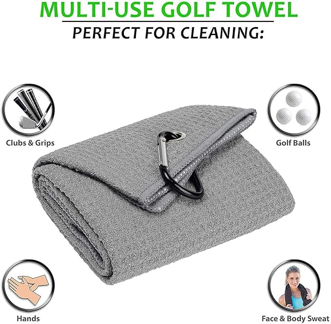 Golf Towels, Microfiber Waffle Pattern Tri-fold Golf Towel - Brush Tool Kit with Club Groove Cleaner, with Clip Men Women Golf Gifts (Gray)